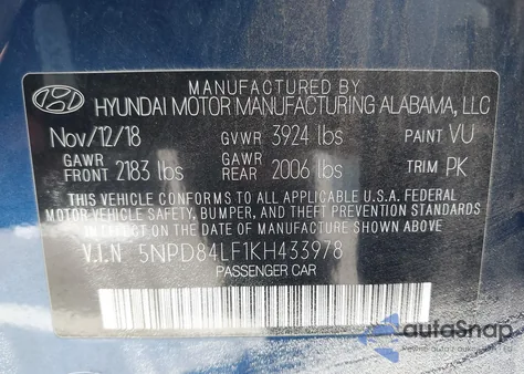 2019 Hyundai Elantra Sel from USA, damaged, VIN 5NPD84LF1KH433978
